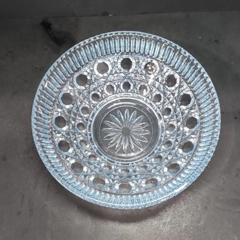 Federal Glass Buttons & Cane Blue Candy‎ Dish, Vintage Starburst Centerpiece